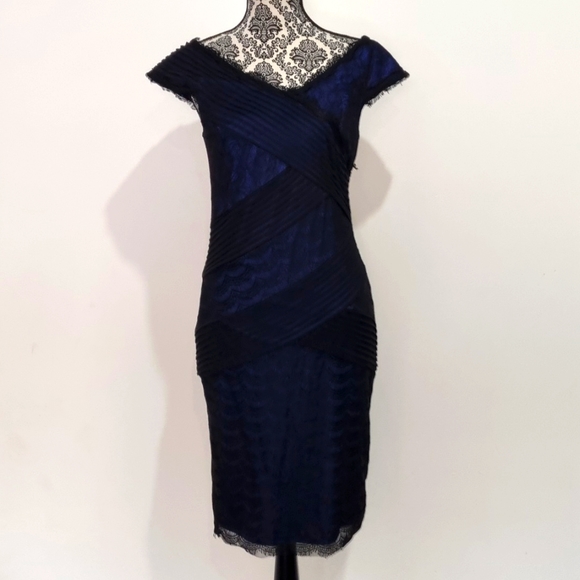 Montique, blue with black lace overlay, bodycon dress, size 10 - Picture 2 of 12